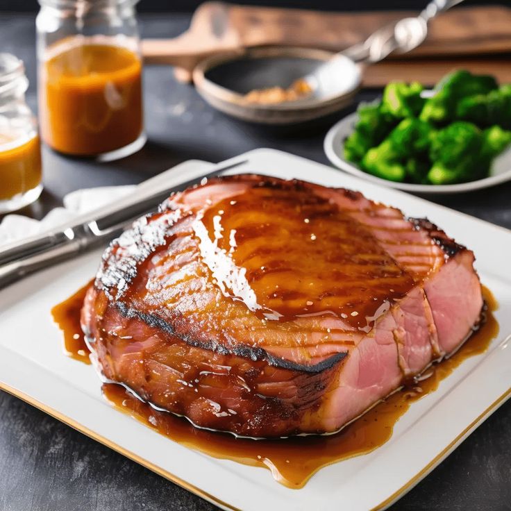 a piece of meat on a plate with sauce and broccoli in the background