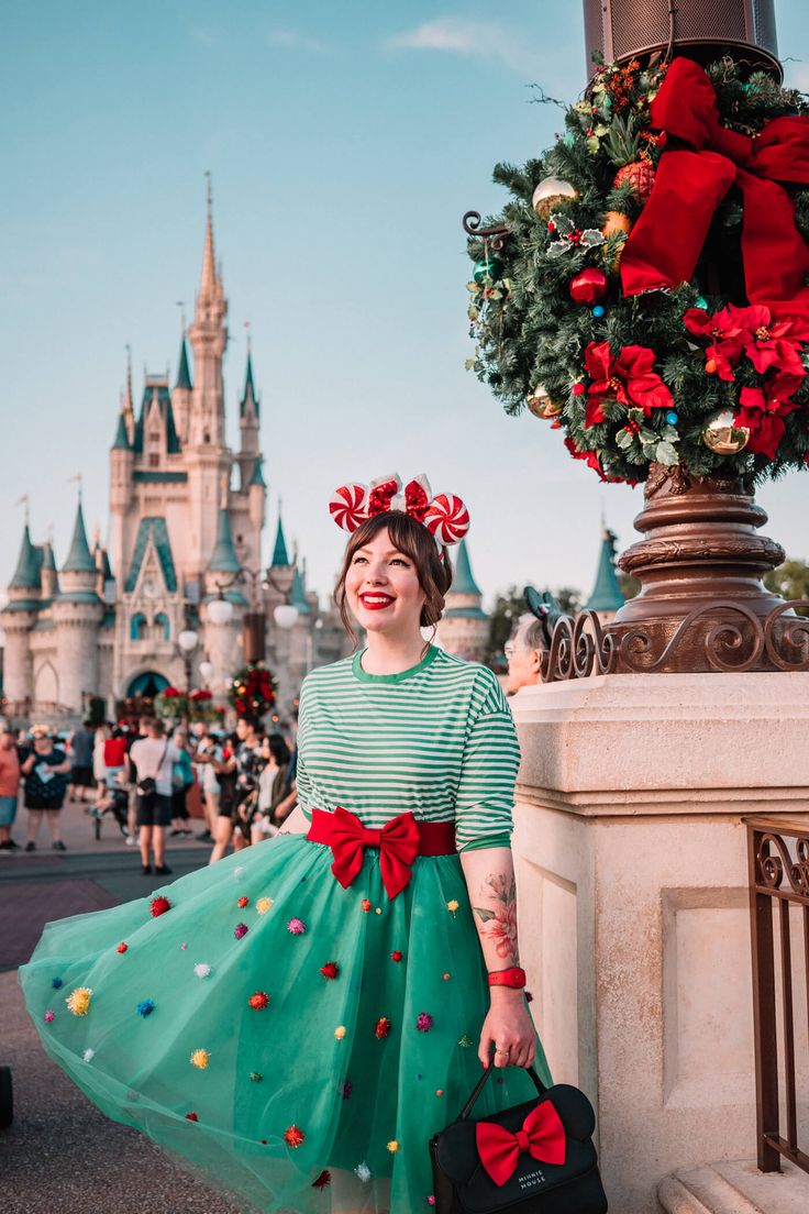 Diy Christmas Skirt, Disney World Christmas Outfit, Diy Christmas Costumes, Christmas Costumes Diy, Disney Christmas Outfits, Pom Pom Skirts, Christmas Tree Costume, Keiko Lynn, Disney World Christmas