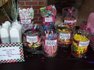 there are many candy and candies on the table in front of the fire place