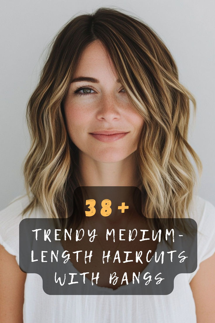 Update your look with 38 stylish medium-length haircuts featuring bangs. ✂️💇‍♀️ These chic styles include layered cuts, blunt bangs, and wispy fringes that frame your face beautifully. Ready for a new hairstyle? Click to discover all the trendy ideas! #MediumLengthHair #StylishBangs #LayeredCuts #ChicHairstyles #HairInspiration Medium Lob With Side Bangs, Medium Length Haircut For Thick Hair With Curtain Bangs, Medium Length Hair Styles With Long Bangs, Medium Hairstyle Women With Bangs And Layers, Medium Length With Fringe, Mid Length Haircut Curtain Bangs, Glasses And Bangs Haircuts, Face Framing Layers With Bangs Fringes, Shoulder Length Fringe Haircut