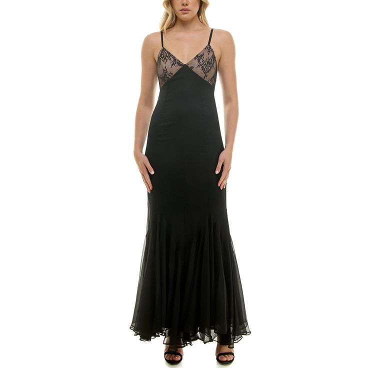 Style: 9091S Spaghetti strap lace bodice with a fitted solid black gown, scarf included. Fitted Lace Back Slip Dress For Formal Occasions, Formal Fitted Slip Dress With Lace Back, Fitted Lace Back Slip Dress For Evening, Fitted Slip Dress With Lace Back For Evening, Fitted Bodice Evening Dress With Lace Trim For Gala, Black Spaghetti Strap Evening Dress For Wedding, Lace Gown With Spaghetti Straps For Gala, Black Spaghetti Strap Wedding Evening Dress, Elegant Fitted Slip Dress With Lace Back