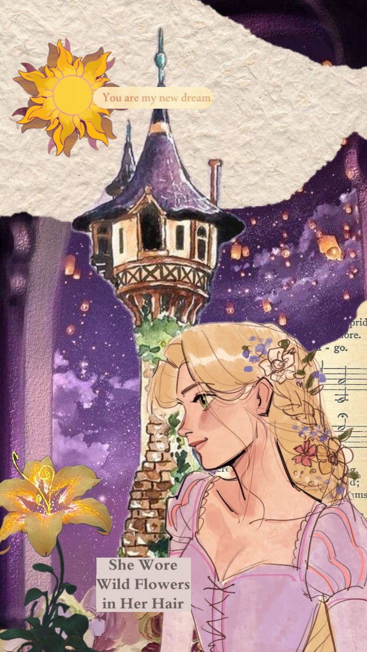 a drawing of a woman in front of a tower with flowers and the words, she wore wild flowers in her hair