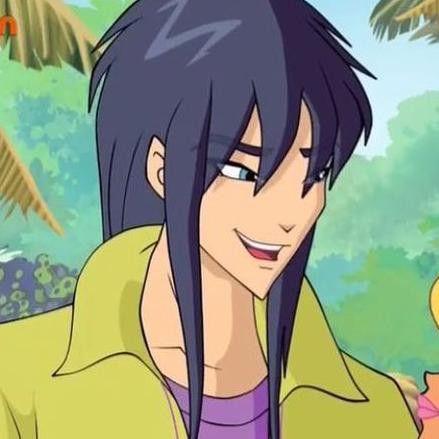 an anime character with long black hair and blue eyes holding a yellow bird in his hand