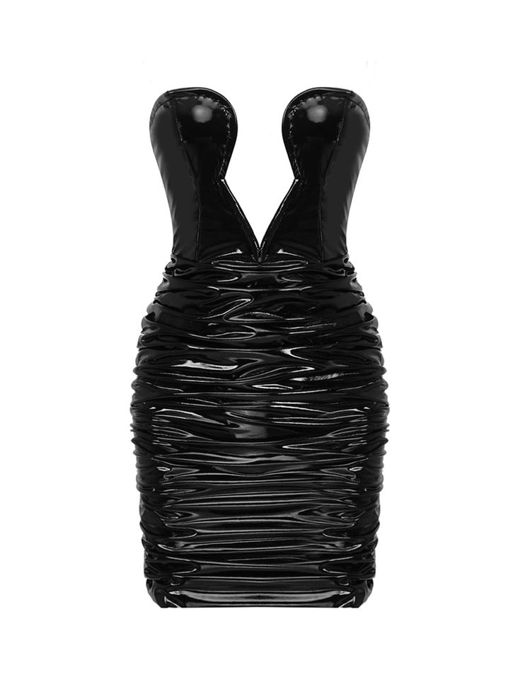 Material: Polyester & spandex blend Fully lined Back zipper closure Wired front Shine finish Ruched sides Sample size: S Delicate dry clean Protect accessories before washing Our Style No. ZC_VETTA Leather Tube Top, Chest Plate, Tight Mini Dress, Wrap Mini Dress, Summer Black, Hip Dress, Leather Pattern, Sequin Fabric, Mini Wrap Dress