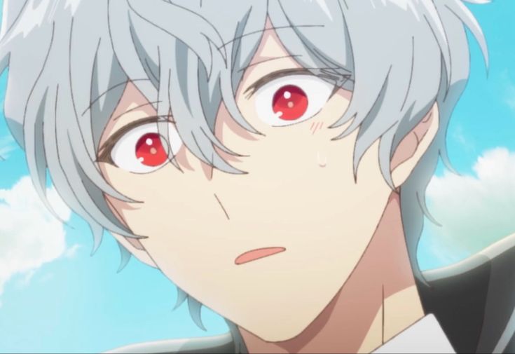 an anime character with white hair and red eyes looking at the camera in front of blue sky