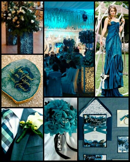 a collage of pictures with blue and green colors, including the bride's dress