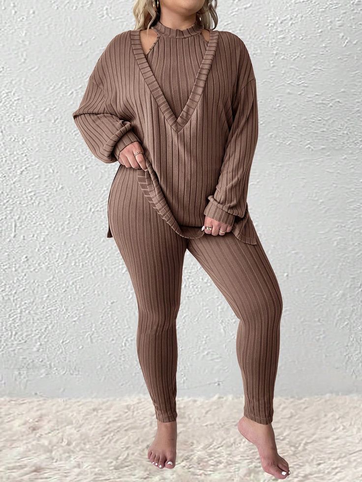 Plus Size Spring & Fall Casual Knit Ribbed Long Sleeve Top And Pants 2pcs Suit Khaki Casual    Plain  Medium Stretch  Women Plus Clothing, size features are:Bust: ,Length: ,Sleeve Length: Solid Color Loungewear Set For Fall, Stretch Ribbed Winter Set, Ribbed Stretch Sets For Winter, Ribbed Stretch Winter Sets, Winter Ribbed Stretch Sets, Long Sleeve Loungewear Two-piece Set, Ribbed Loungewear Sets For Winter, Winter Ribbed Loungewear Sets, Solid Ribbed Winter Sets