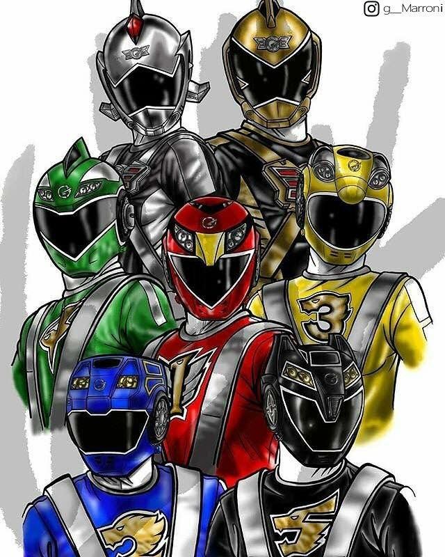 the power rangers are all dressed up in their respective colors and helmets, as well as one