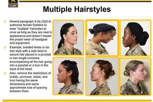 An Army-wide briefing shows new hair regs for women. (U.S. Army graphic) 25th Infantry Division, Military Hair, Traction Alopecia, Standing At Attention, Army Reserve, Single Braid, Warrant Officer, Army Women, Slicked Back Hair