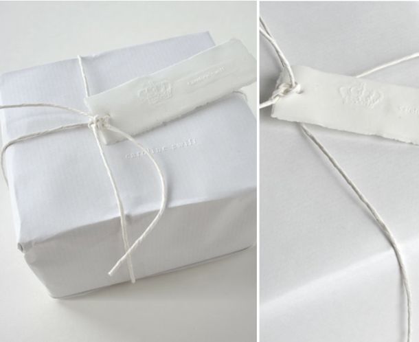 two pictures of white wrapped presents tied with twine