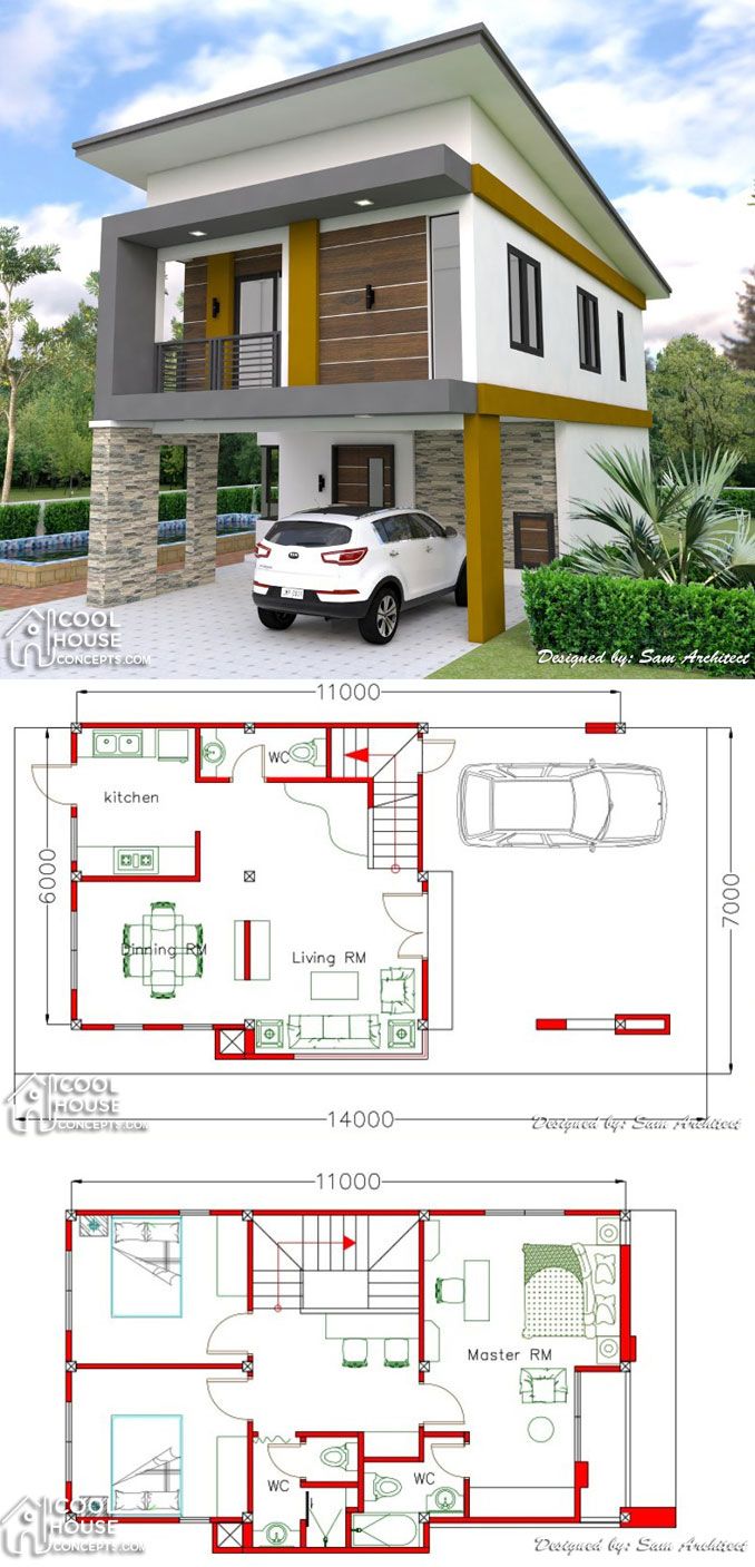 two story house plan with garage and living room in the middle, one bedroom on the second