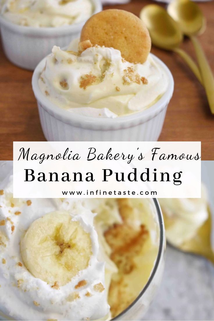 banana pudding with whipped cream and cinnamon on top in small glass dishes next to spoons