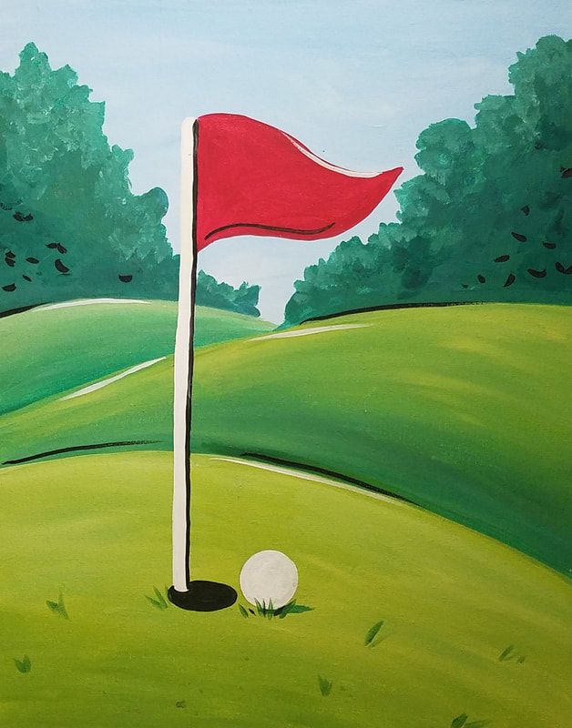 a painting of a golf ball and red flag on a green course with trees in the background