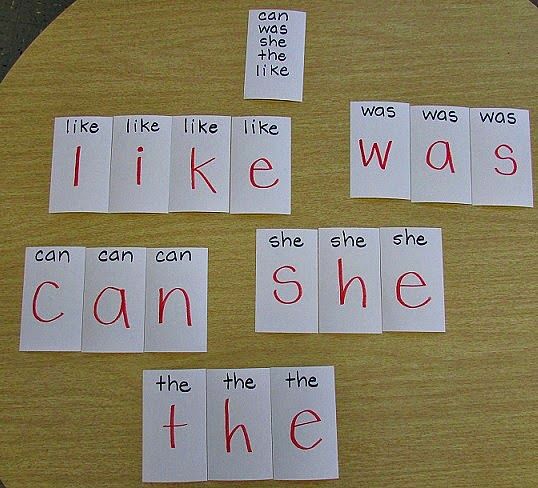 four pieces of paper cut out to spell words like i like, i like, i can't she the same?