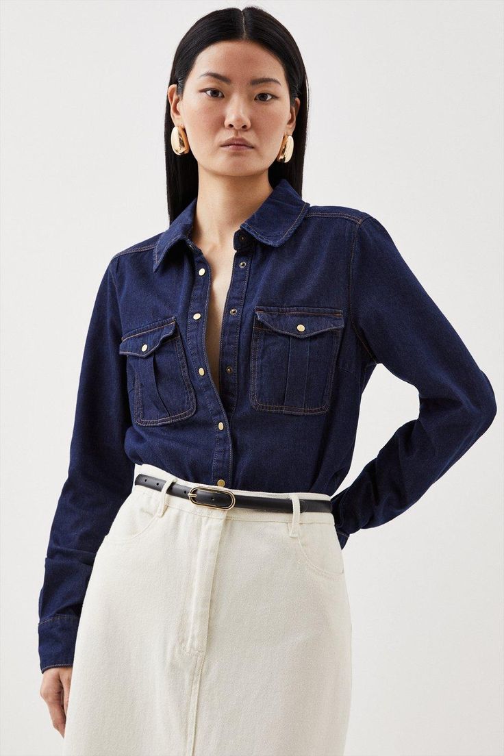 This Utility-Inspired Long Sleeve Shirt Is The Key Piece For Versatile Styling. Crafted From Premium Denim With A Relaxed Fit And Button Up Design For Ultimate Comfort, While Pocket Detail And Cuffed Sleeves Reminisce '90S Style.Denimlong Sleeverelaxed Fitpocket Detail Denim Pocket Details, Denim Shirt Outfit, Denim Pocket, 90s Style, Shirt Collection, Karen Millen, Formal Shirts, Premium Denim, Fashion Face