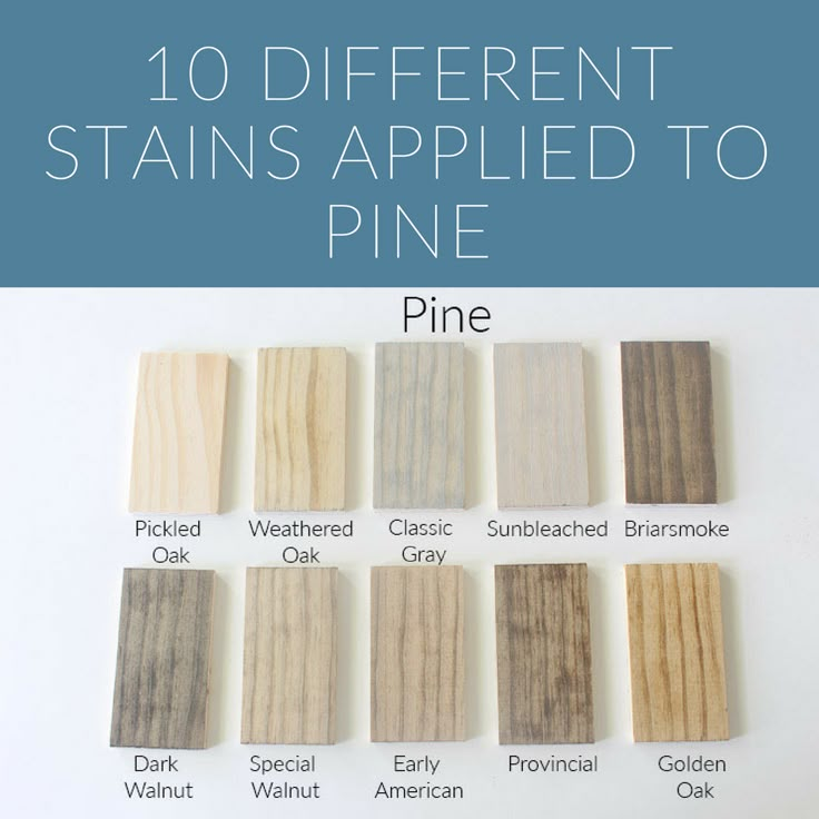 the different types of stains applied to pine are shown on this page, with text that reads 10 different stains applied to pine