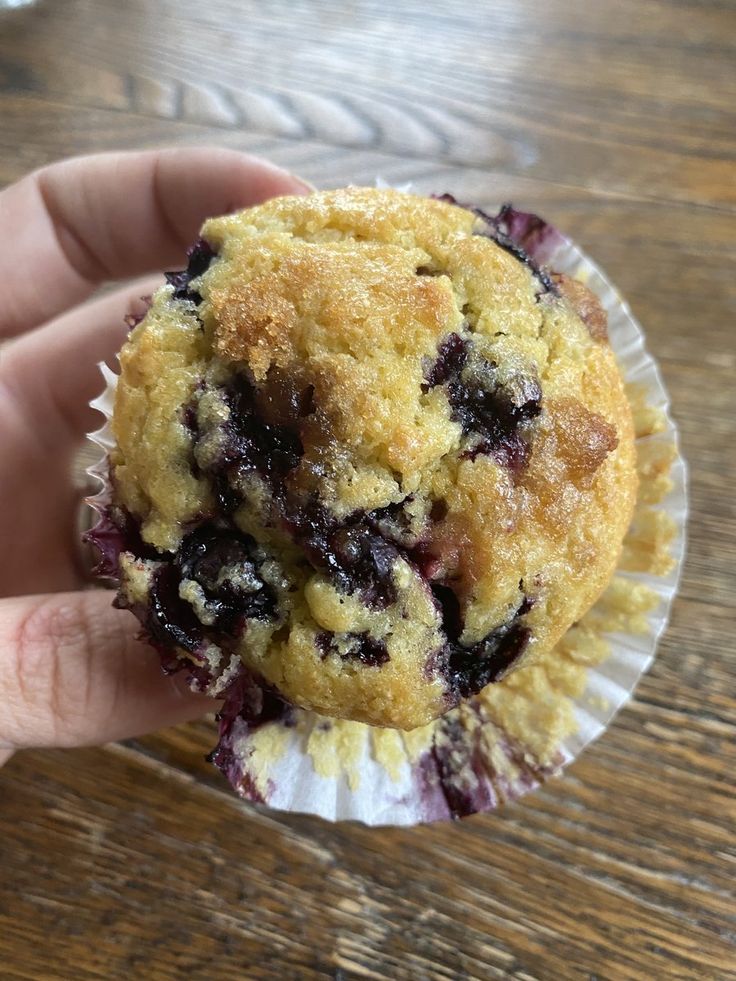 a hand holding a blueberry muffin on top of a wooden table