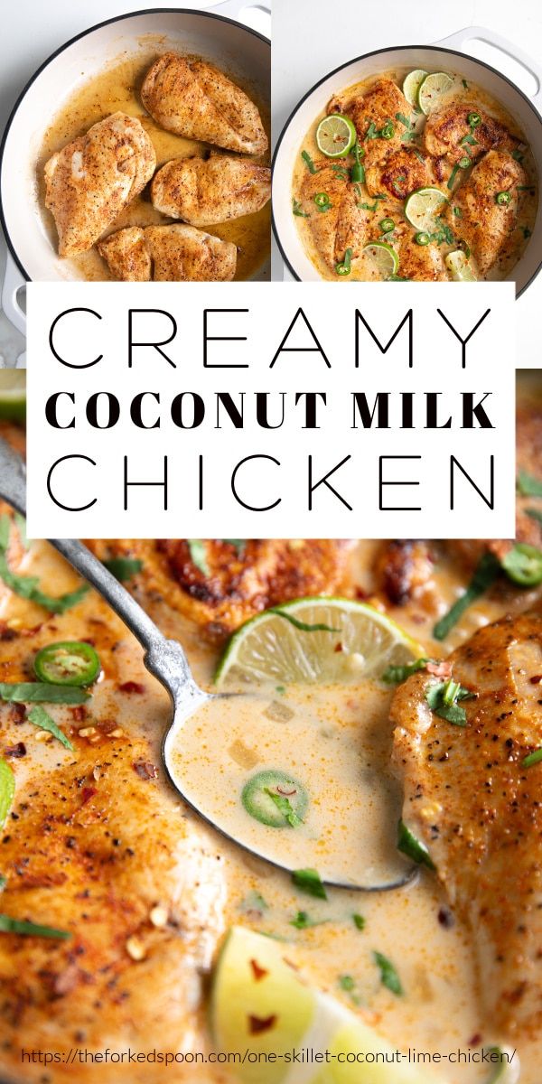 creamy coconut milk chicken in a skillet with limes and garnishes