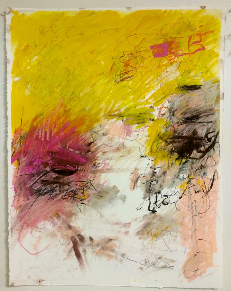 an abstract painting with yellow and pink colors