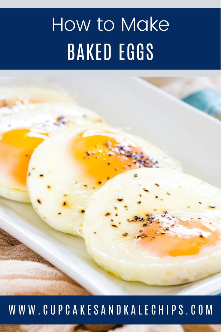 three fried eggs on a white plate with text overlay