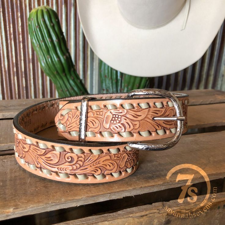 Western pecan hand tooled leather belt. Rich antiqued whispy feather hand tooled leather. Natural buck stitch detail. Sterling silver hand engraved buckle and keeper. Double J stamped double buckle snaps, allows for the buckle to be interchangeable. 1 1/2" belt width. Length measures from end of buckle to middle hole. Handcrafted by Double J Saddlery. Workwear Boots, Capsule Wardrobe Basics, Tooled Leather Belts, Double J, Ranch Wear, Western Life, Western Belt, Hand Tooled Leather, Tooled Leather