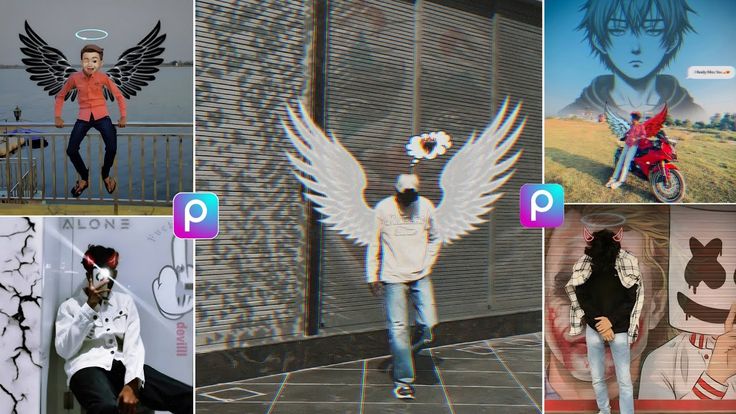 four different pictures of people with wings on their heads and in front of them are photos of the same person