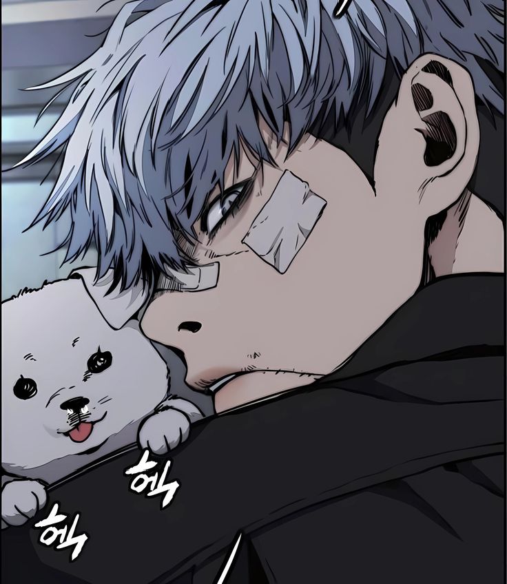 an anime character holding a cat with his face close to the viewer's chest