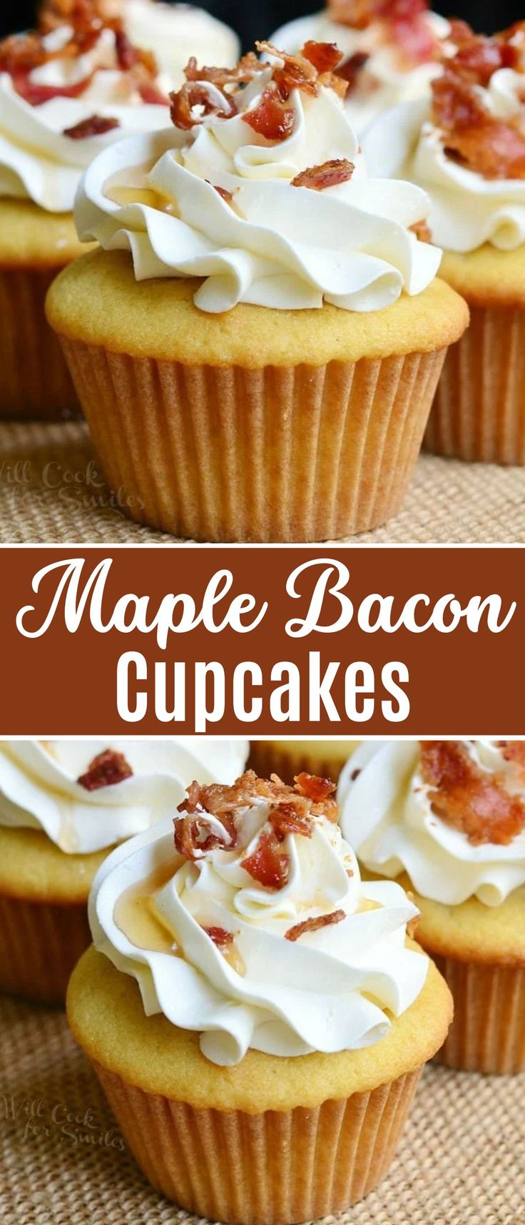 maple bacon cupcakes with cream cheese frosting and bacon on top, sitting on a table