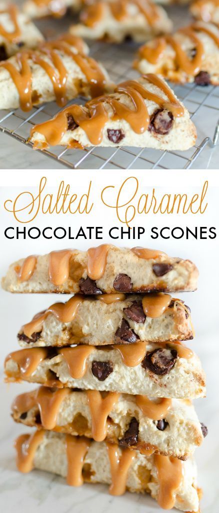 salted caramel chocolate chip scones stacked on top of each other