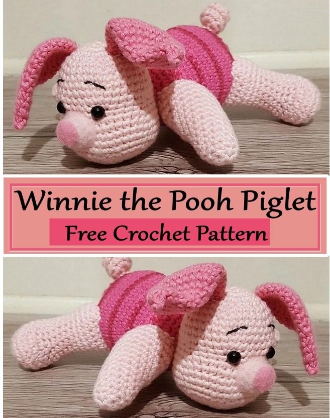 a crocheted pig laying on top of a wooden floor with the words, winnie the pooh piglet free crochet pattern