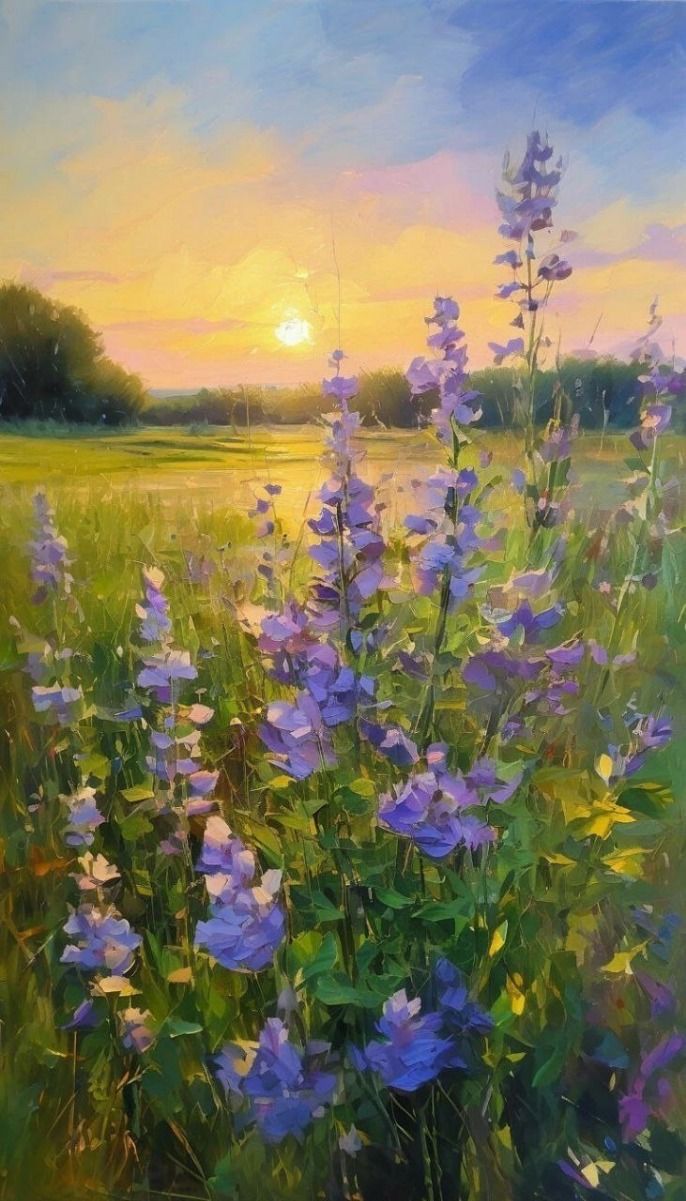 a painting of purple flowers in a field with the sun setting behind them and trees