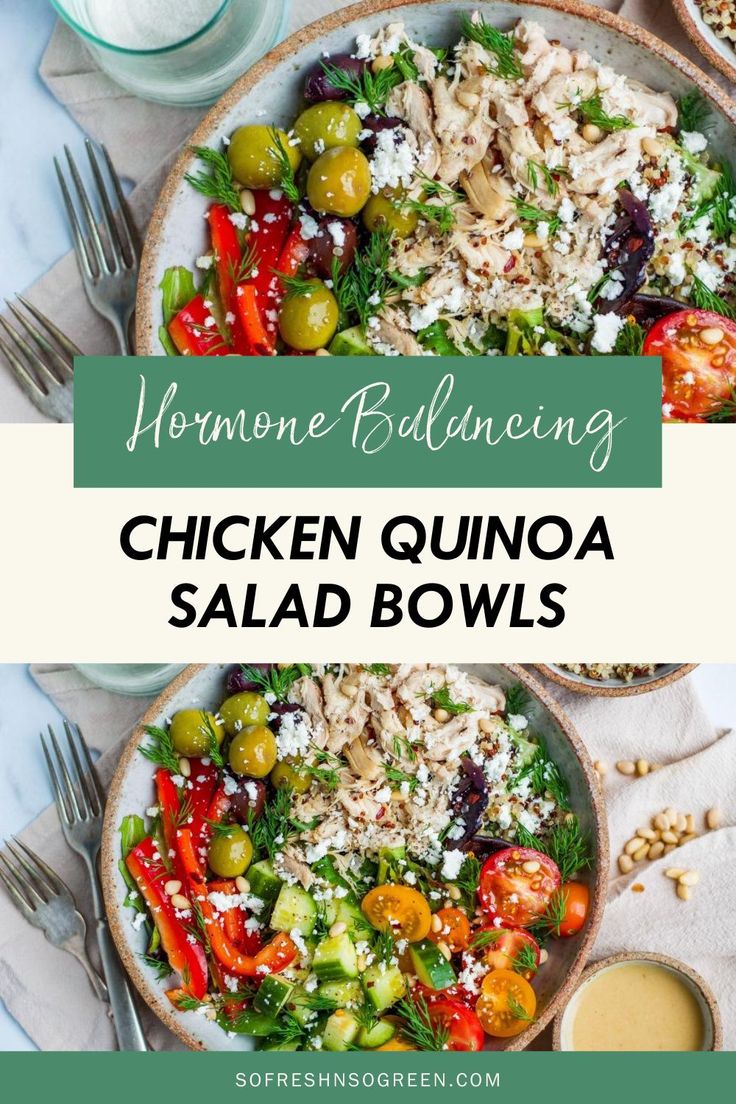 chicken quinoa salad bowls with feta cheese and olives on the side