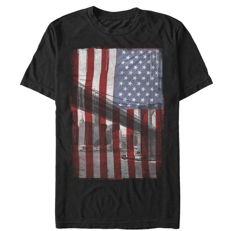 Show your love for New York with the Lost Gods American Flag Brooklyn Bridge Black T-Shirt. The stars and stripes of the American flag are printed over the Brooklyn Bridge on the front of this perfectly patriotic black American flag t-shirt. Size: small. Gender: male. Age Group: adult. Pattern: Flags. Material: Cotton. Black American Flag, Black Fathers, American Flag Tshirt, Black American, Flag Tshirt, Stars And Stripes, Slim Fit Shorts, Brooklyn Bridge, Black Media