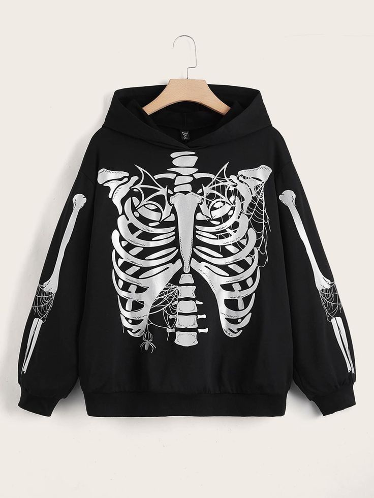 Hoodies Shein, Plus Size Sweatshirts, Skull Sweatshirt, Drop Shoulder Hoodie, Trendy Outfits For Teens, Swaggy Outfits, Really Cute Outfits, Skull Print, Edgy Outfits