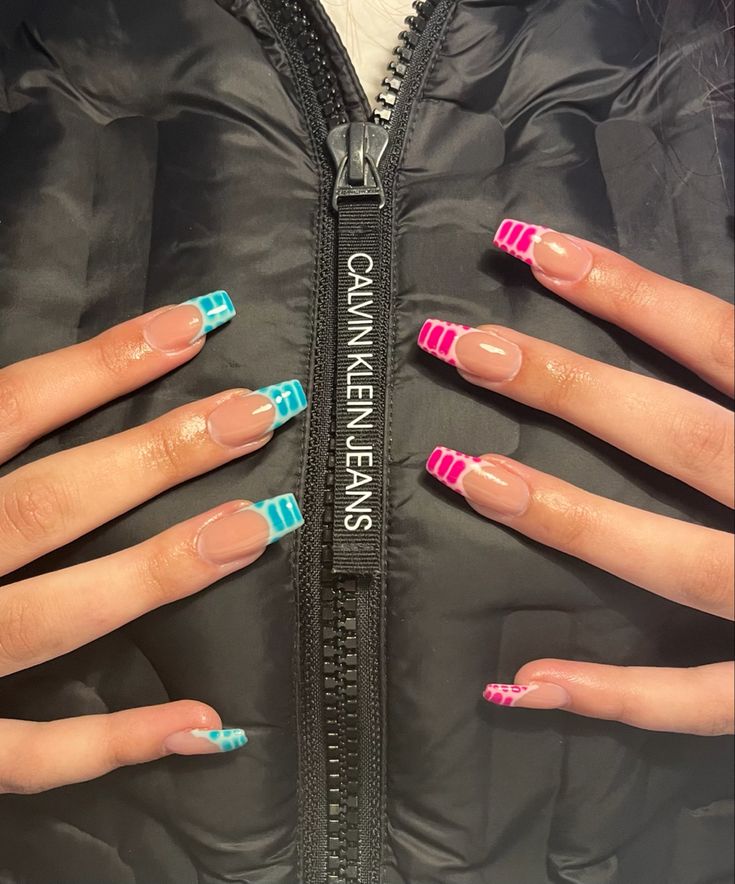 Extra Spring Nails, Purple Croc Print Nails, One Hand Blue One Hand Pink Nails, One Hand Pink And One Hand Blue Nails, Blue Pink Nails, Pink And Blue Nails, Crocodile Nails, Euphoria Nails, August Nails