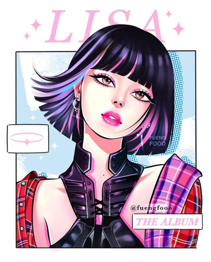 an illustration of a woman with black hair and pink lipstick, wearing a plaid shirt