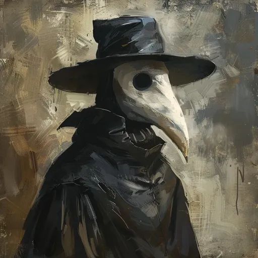 a painting of a bird wearing a top hat and black coat with a long beak