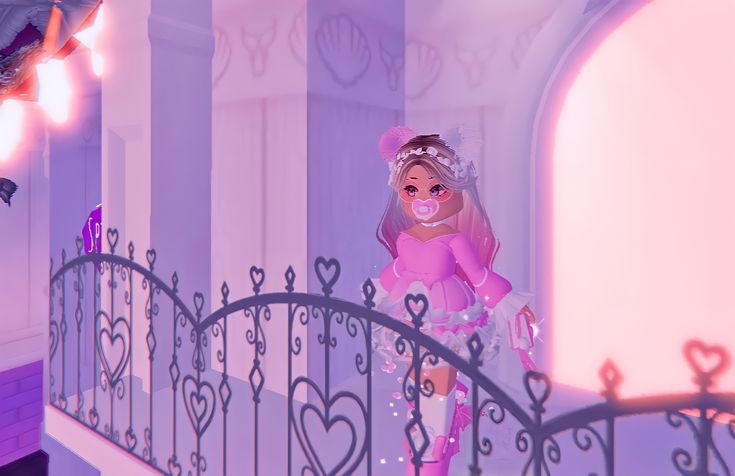 a barbie doll standing on top of a stair case next to a railing with hearts