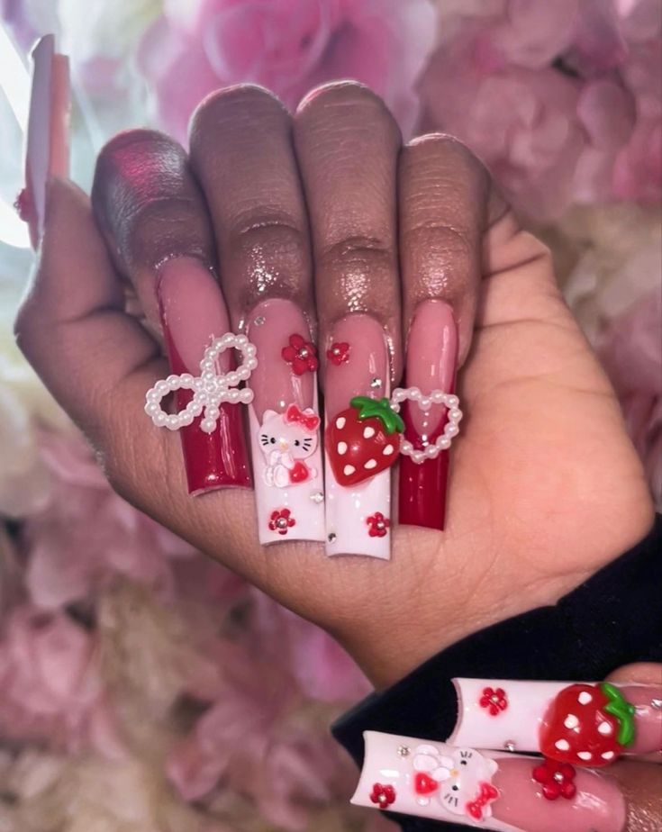 _nailsbymaddiee on insta🤍 #nails #nailset #nailideas #pinknails #frenchtipnails #valentinesday #valentinesdaynails #kawaiinails #nailcharms #hellokittynails #hellokitty Hello Kitty Valentines Day Nails, Hello Kitty Valentines Day, Hello Kitty Valentines, Insta Nails, Kitty Nails, Girly Acrylic, Valentines Day Nails, Girly Acrylic Nails, Hello Kitty Nails