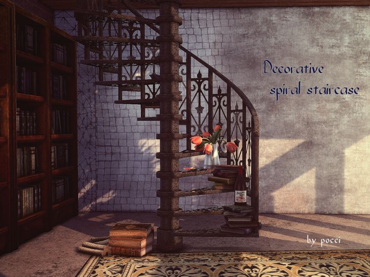 a spiral staircase in the middle of a room with bookshelves on either side