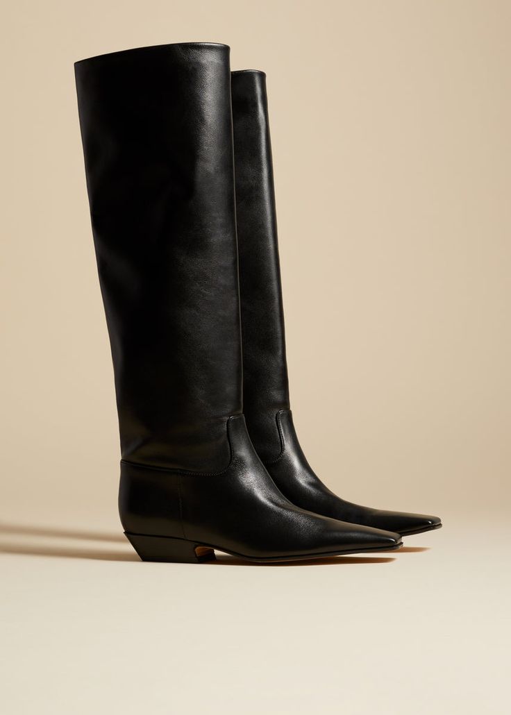 The Marfa Knee-High Boot in Black Leather�– KHAITE Luxury Fitted Square Toe Knee-high Boots, Luxury Fitted Knee-high Boots With Square Toe, Luxury Knee-high Boots With Sculpted Heel And Square Toe, Luxury Calf Leather Knee-high Boots With Square Toe, Fitted Calf Leather Heeled Boots With Square Toe, Luxury Knee-high Boots With Square Toe For Fall, Luxury Square Toe Knee-high Boots For Fall, Fitted Square Toe Calf Leather Heeled Boots, Calf Leather Heeled Boots With Square Toe For Fall