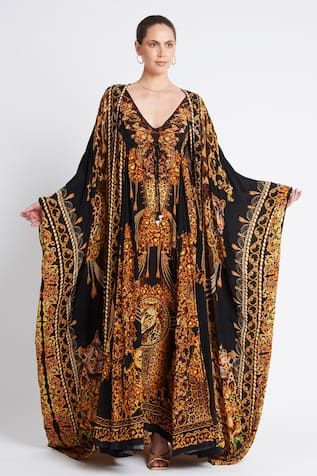 Black and gold maxi dress with leopard print and crystal embellishments in viscose silk base. - Aza Fashions The Golden Lady, Cape For Women, Silk Cape, Gold Maxi Dress, Long Cape, Leopard Print Maxi Dress, Beautiful Maxi Dresses, Capes For Women, Kaftan Dress