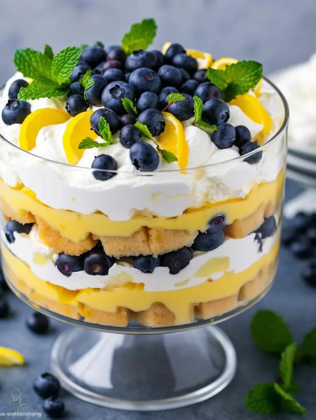 a trifle with lemons, blueberries and whipped cream