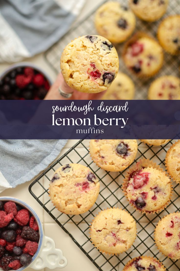 blueberry lemon berry muffins on a cooling rack with fresh berries in the background