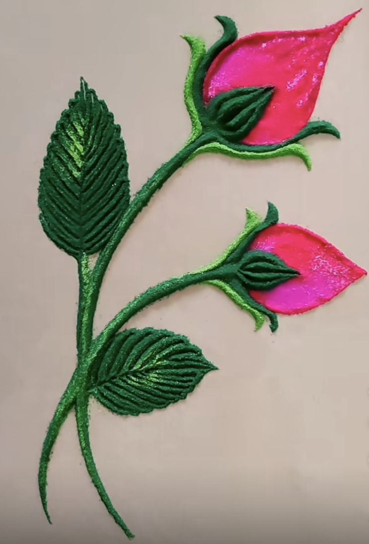 two pink flowers with green leaves on a white surface, one is painted red and the other is green