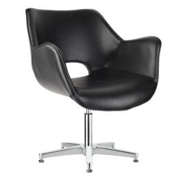 an office chair with chrome legs and black leather