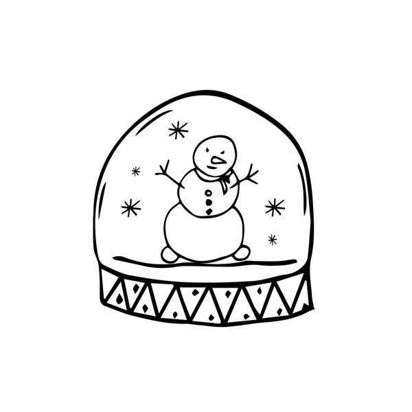 a black and white drawing of a snowman in a glass dome with stars around it