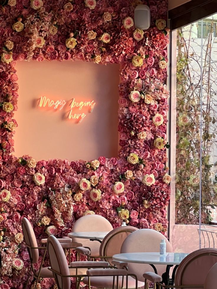 Pink aesthetic
Aesthetic
Wall 
Neon lights 
Quotes
Flower wall 
Flowers 
Pink everywhere Floral Wall Office, Flower Wall Restaurant, Cafe Flower Decor, Restaurant Flower Decoration, Cafe Selfie Wall Design, Airbnb Neon Sign Ideas, Flower Cafe Design, Cafe Wall Decor Ideas, Flower Boutique Aesthetic