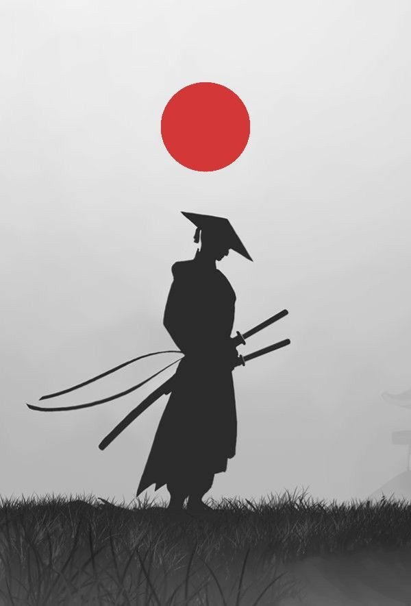 the silhouette of a person with two swords and a red ball in the sky above them