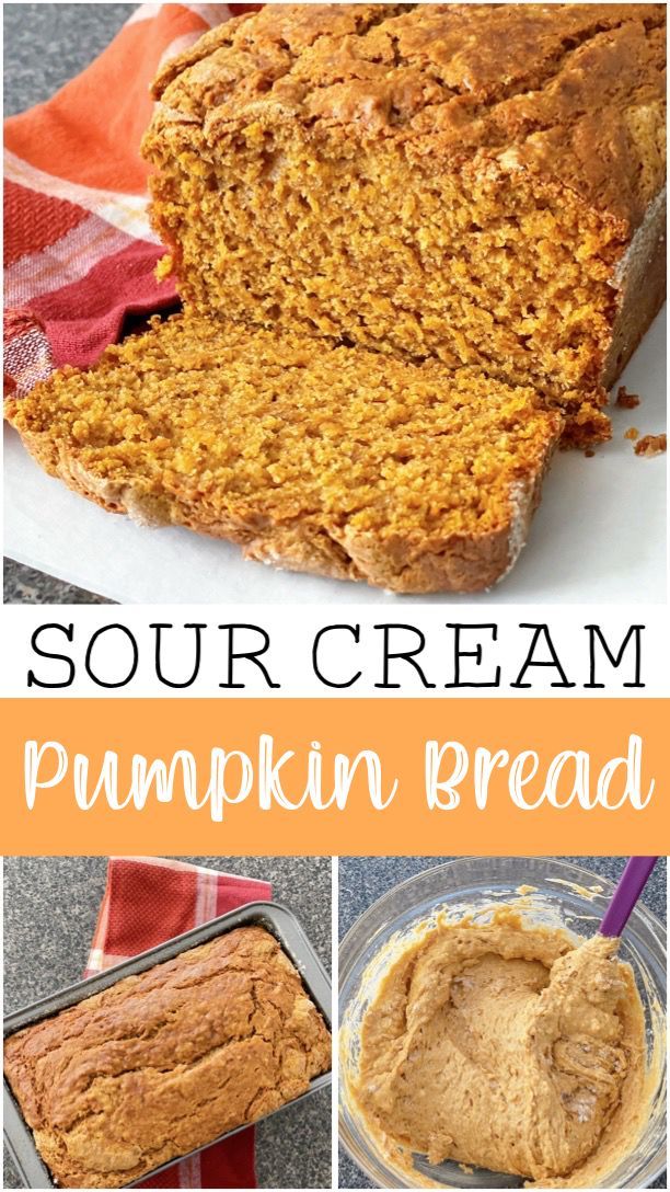 pumpkin bread is cut into slices and placed on a plate with the text sour cream pumpkin bread